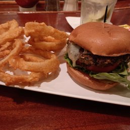Black bean burger with onion rings Black bean burger with onion rings