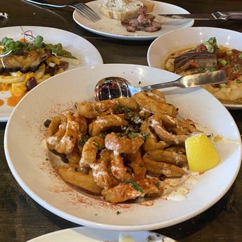 Bocado Tapas Wine Bar - Calamari, braised beef, two other dishes - Tapas Bars Near Me - Wellesley, Massachusetts