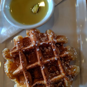 Chambar - Waffle with White Chocolate Pistachio Rosewater sauce - Belgian Near Me - Vancouver, British Columbia Chambar - Waffle with White Chocolate Pistachio Rosewater sauce - Belgian Near Me - Vancouver, British Columbia