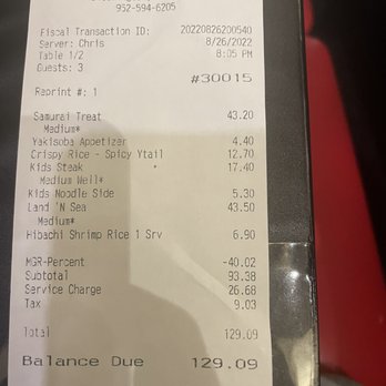 Benihana - Discount but a service charge????? - Sushi Bars Near Me - Bloomington, Minnesota Benihana - Discount but a service charge????? - Sushi Bars Near Me - Bloomington, Minnesota