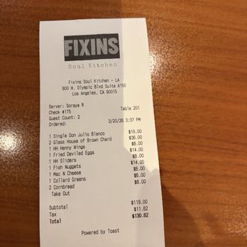 Fixins Soul Kitchen  - Happy hour items on the check Server was outstanding!!!!! - Soul Food Near Me - Los Angeles, California