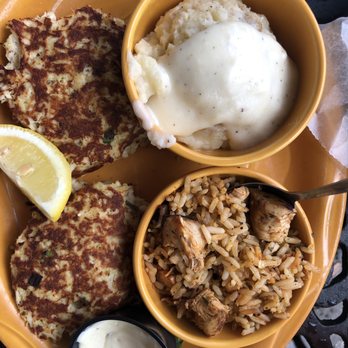 Barbara Jean's Restaurants - 5oz crab cakes with mashed potatoes and dirty rice - Southern Near Me - St. Simons, Georgia
