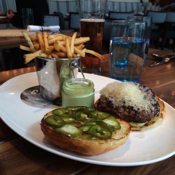 The Chase - burger - pickled jalapeño herb aioli, P.E.I cheddar, shoestring fries - Seafood Near Me - Toronto, Ontario