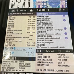 Coffees, smoothies and drinks menu