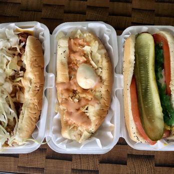 Hotdogopolis - Left to right, the Carolina, the Columbian, the Chicago - Hot Dogs Near Me - Boca Raton, Florida