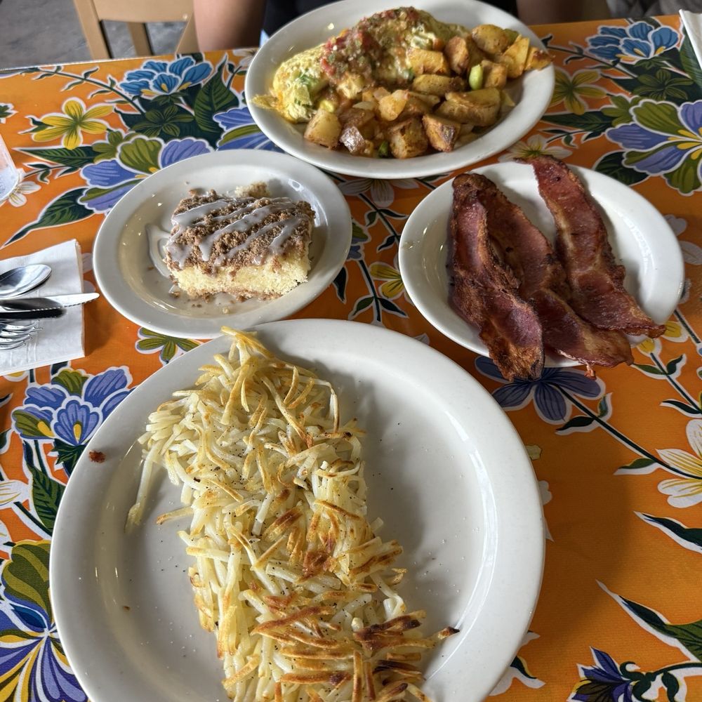 Hash Browns, Coffee Cake, Bacon, California Omelette Hash Browns, Coffee Cake, Bacon, California Omelette