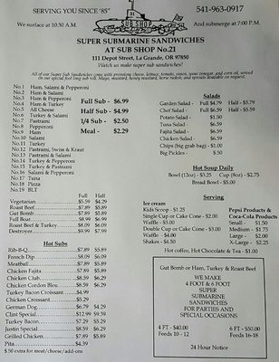Menu photo 1 Sub Shop La Grande, OR Menu photo 1 Sub Shop La Grande, OR
