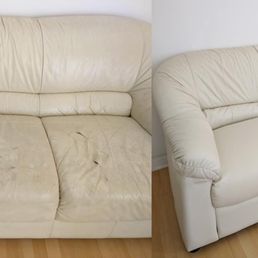 Before and after. I couldn't believe how my 31-year old couch looked brand new after ReLeather worked on it. Amazing. Before and after. I couldn't believe how my 31-year old couch looked brand new after ReLeather worked on it. Amazing.