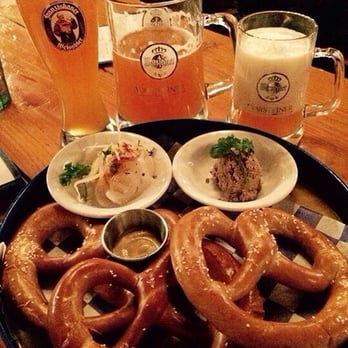 Reichenbach Hall - Grapefruit beer and pretzels with chicken liver and cheese. - Bars Near Me - New York, New York Reichenbach Hall - Grapefruit beer and pretzels with chicken liver and cheese. - Bars Near Me - New York, New York