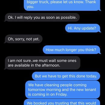 YYK Secure Carrier - Text message exchange between us and Yan on day of scheduled move (2 of 5) - Movers Near Me - San Francisco, California YYK Secure Carrier - Text message exchange between us and Yan on day of scheduled move (2 of 5) - Movers Near Me - San Francisco, California