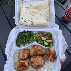 Proshyan Kabab - Chicken Breast plate over rice, cucumber tomato salad