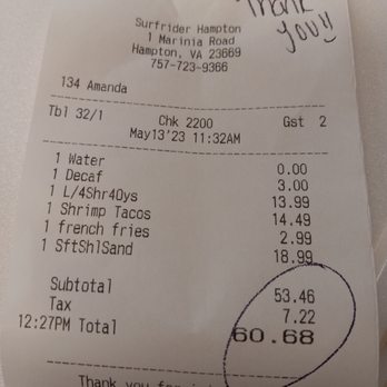 Surf Rider Bluewater - Receipt - Seafood Near Me - Hampton, Virginia Surf Rider Bluewater - Receipt - Seafood Near Me - Hampton, Virginia