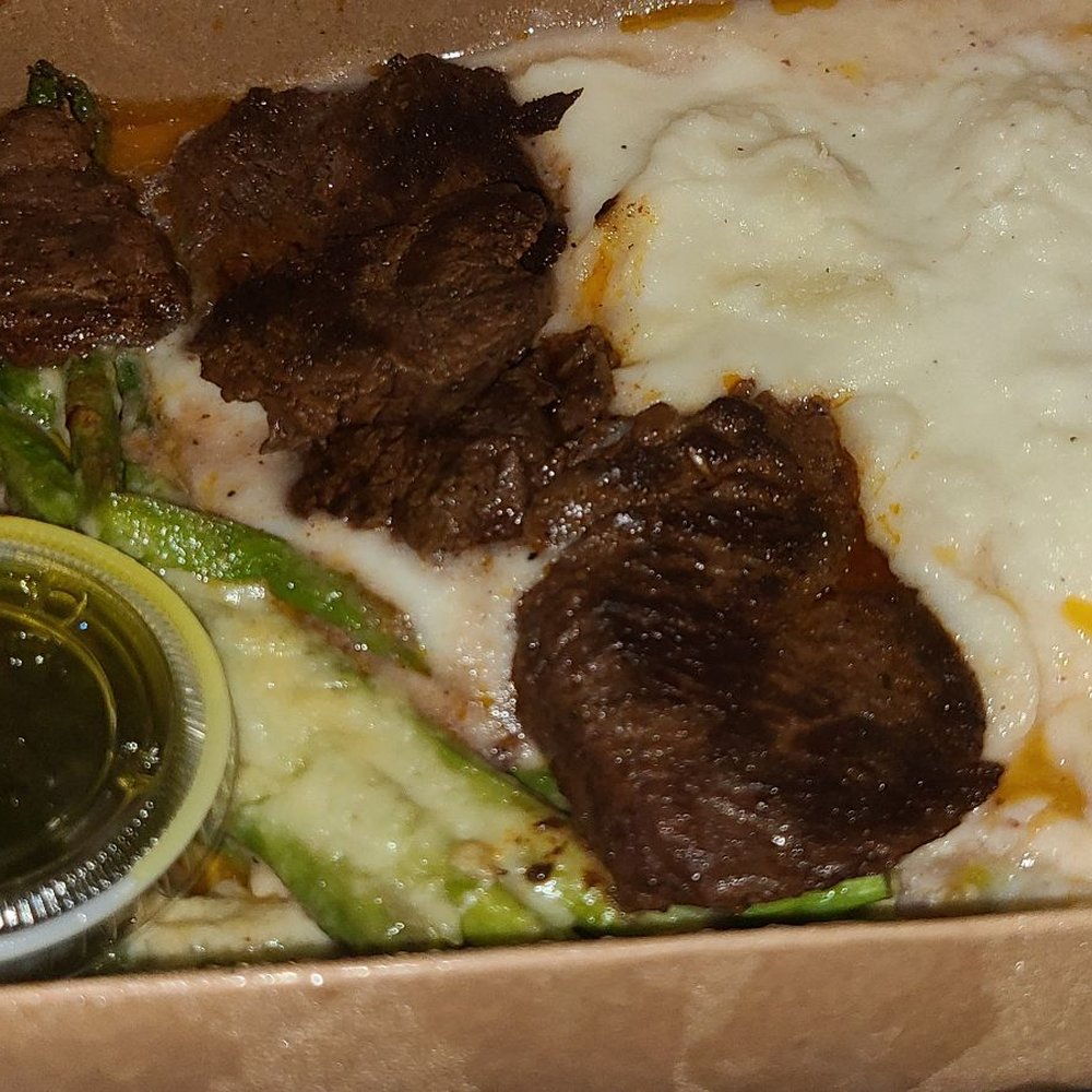 Zaca Cafe - grilled hanger steak, mashed potatoes, and parmesan asparagus - Coffee & Tea Near Me - Brooklyn, New York