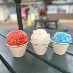 JoJo's Shave Ice - Strawberry w/ macadamia nut ice cream, haupia combination, and vanilla flavor