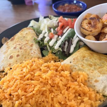 Mezcalito - Durham - Shrimp Quesadilla  with shrimp on the side, salad and Spanish rice - Mexican Near Me - Durham, North Carolina