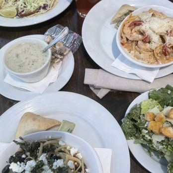 Odyssey World Cafe - COD Tacos, Lunch Cajun Shrimp Pasta, Lunch Mediterranean Three Olive Pasta + included sides of chowder soup, fries, and Caesar salad :) - Cafes Near Me - Paso Robles, California