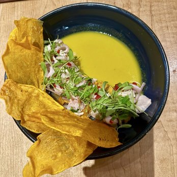 Catalú - Catch of the day ceviche in bright leche de tigre with sweet potato crisps - Spanish Near Me - Charlotte, North Carolina