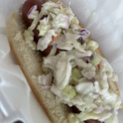 Dynamite Dogz - Beef hotdog on soft bun with coleslaw. Coleslaw seemed to be homemade.