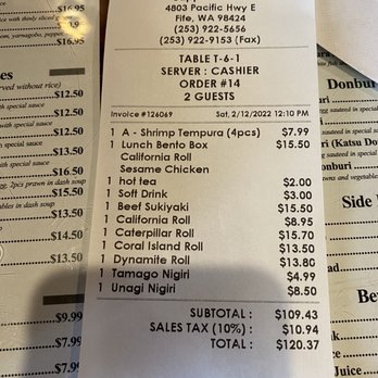 Sapporo Sushi & Roll - Today's bill...wasn't worth it. - Sushi Bars Near Me - Fife, Washington Sapporo Sushi & Roll - Today's bill...wasn't worth it. - Sushi Bars Near Me - Fife, Washington