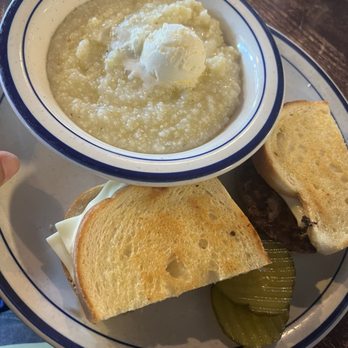 Pelton Cafe - Patty melt on sourdough with side of grits and brown sugar - Breakfast & Brunch Near Me - San Leandro, California