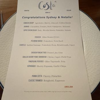 Costa - Custom menu for engagement party - Italian Near Me - Charleston, South Carolina