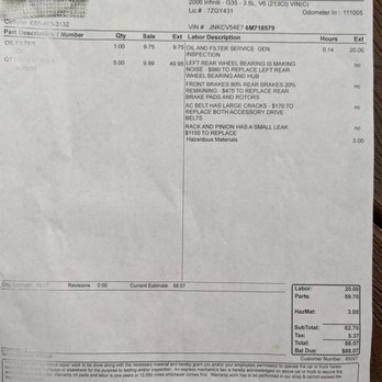 Kevin's Auto Repair - This is Kevins Auto Repair quote summing up to $1960 (for both left and right rear wheel bearing and hub) - Auto Repair Near Me - Mountain View, California