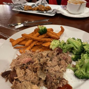Smokey Bones - Pulled Pork Platter w/ Sweet Potato Fries and Roasted Broccoli - Barbeque Near Me - York, Pennsylvania Smokey Bones - Pulled Pork Platter w/ Sweet Potato Fries and Roasted Broccoli - Barbeque Near Me - York, Pennsylvania
