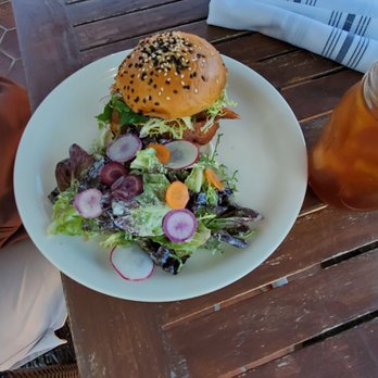 peasants FEAST - This my wife ordered, salad and smoked salmon burger - American Near Me - Solvang, California
