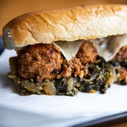 Bill’s Sandwich Palace - Mamma Mia--Garlic & ginger chicken meatballs, Szechuan pork ragout, chili braised greens, pepper jack, grain mustard, garlic butter bun