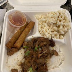 Southern Fried Lumpia - Pork Adobo plate with mac salad and meat lumpia