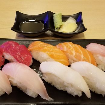 Sushi Soho - Left to right, Top to bottom: Tuna, Salmon, Yellowtail, Red Snapper, Escolar (white tuna) - Sushi Bars Near Me - Bedford, Texas Sushi Soho - Left to right, Top to bottom: Tuna, Salmon, Yellowtail, Red Snapper, Escolar (white tuna) - Sushi Bars Near Me - Bedford, Texas