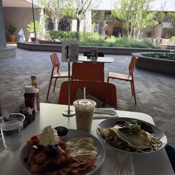 Hideout Cafe - Crossiant Croissant French Toast plate Chilaquiles Verdes With Steak Horchata latte - Breakfast & Brunch Near Me - Woodland Hills, California