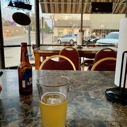 Brickhaus Brews - Our drinks and front window looking out.