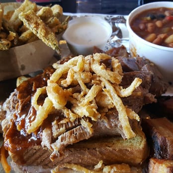 Bell's BBQ - Brisket meal with pork belly add on and okra "fries" and BBQ beans - Barbeque Near Me - Henderson, Nevada