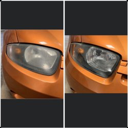 Before and after of our headlight restoration and sealant!