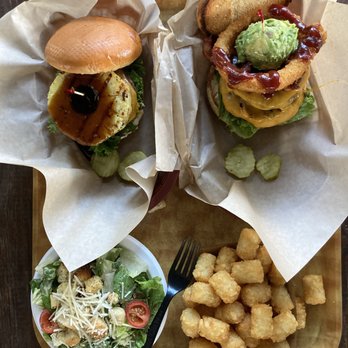Padaro Beach Grill - Maui burger, Padaro burger, small caesar salad, tator tots - American Near Me - Carpinteria, California Padaro Beach Grill - Maui burger, Padaro burger, small caesar salad, tator tots - American Near Me - Carpinteria, California