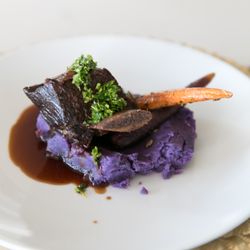Made By Meg - Plated entree, Braised Short Ribs over Okinawan Sweet Purple Potatoes