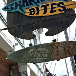 Restaurant and surf shop, Shark Bites. Restaurant and surf shop, Shark Bites.