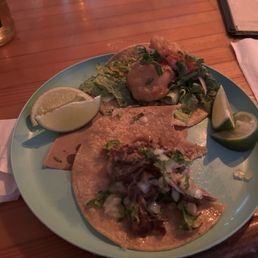 Happy Hour tacos: Chicken & Vegan (Cauliflower Baja)