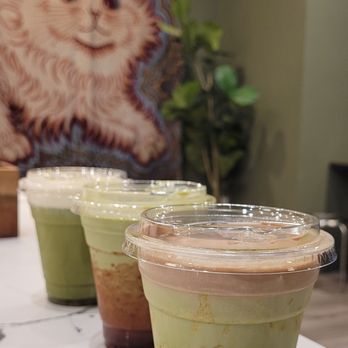 Danzzan - Dubai Chocolate Matcha Latte, Matcha DanZzan, Strawberry Matcha Latte (front to back) - Cafes Near Me - Rowland Heights, California
