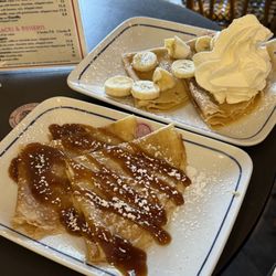 Crêperie Parisienne - Crepe with Salted butter caramel (below), Crepe with banana, rum, whipped creame (above)