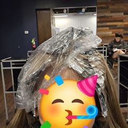 A Valeria Boss Salon - This is me behind the party emoji.  It felt like a party getting my hair done with Olivia!