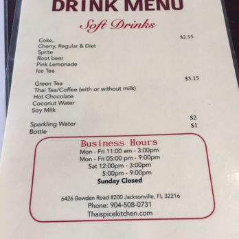 Thai Spice Kitchen - Drink menu - Thai Near Me - Jacksonville, Florida Thai Spice Kitchen - Drink menu - Thai Near Me - Jacksonville, Florida