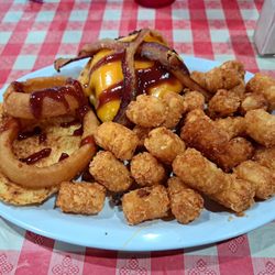 Blairsville Restaurant - Smokehouse burger ($12.99 with BACON add $1, total $13.99) with tots (8/7/2024).