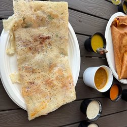 Amrutha Vilas - Onion Rawa Dosa and Mysore masala dosa with chutneys on side