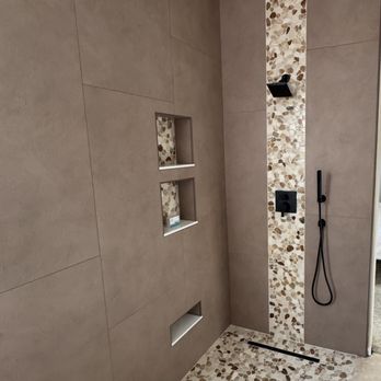 Salov Tile - Mocha wall tiles and mosaic tile niches/waterfall. - Tiling Near Me