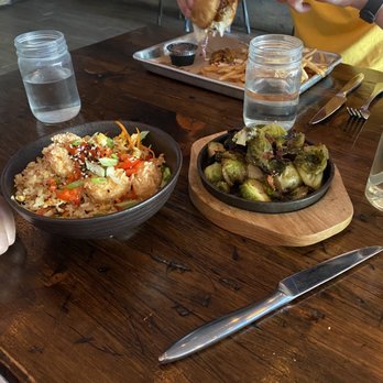 Falley Allen - Kimchi Fried Rice with Salt and Pepper Shrimp, Brussels Sprouts and BBQ Pulled Pork Sandwich. - New American Near Me - Buffalo, New York