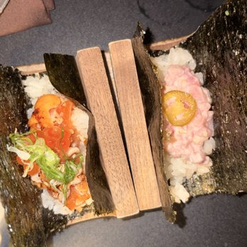 Rokusho LA - Salmon and Hamachi hand roll - Japanese Near Me - Los Angeles, California Rokusho LA - Salmon and Hamachi hand roll - Japanese Near Me - Los Angeles, California
