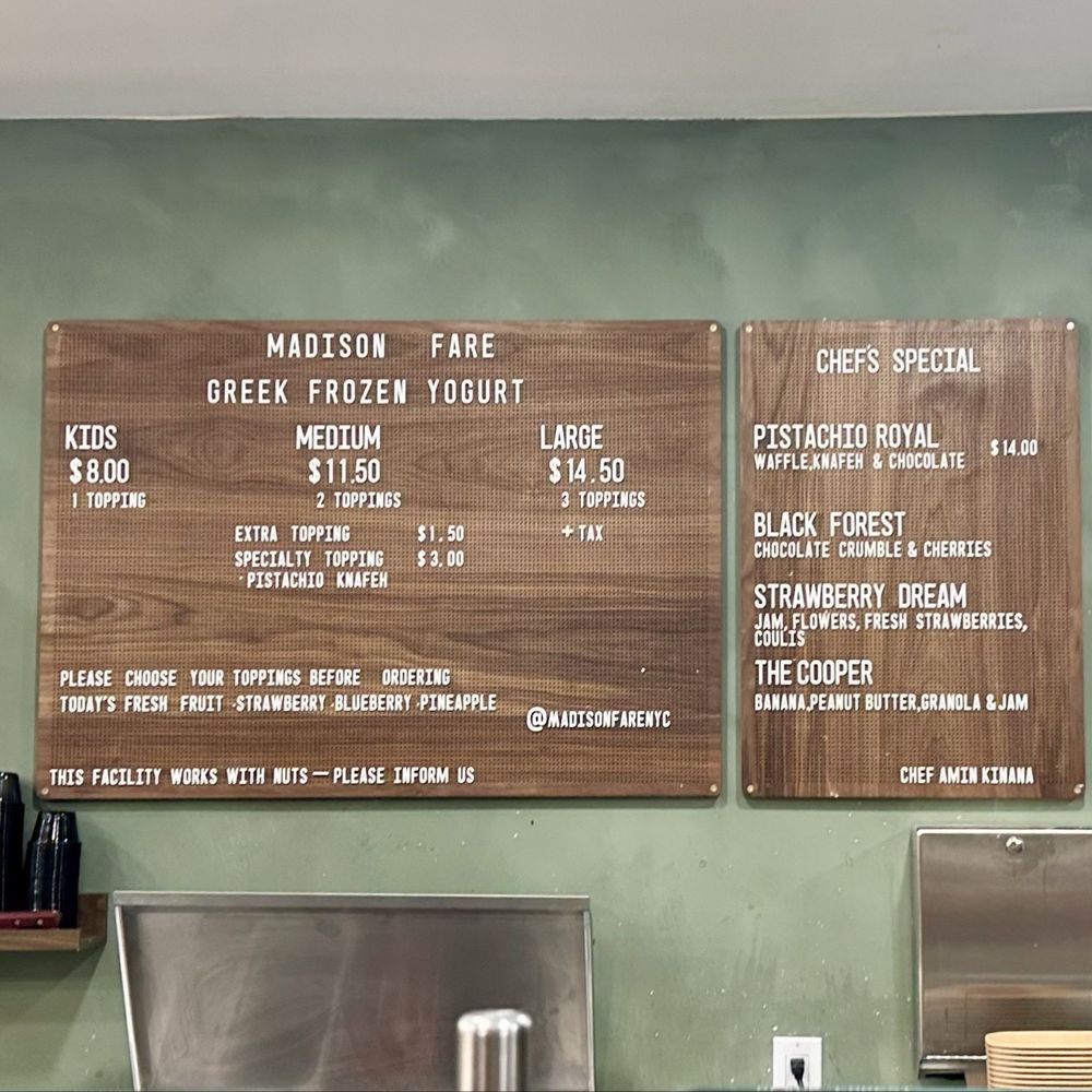 Madison Fare - Menu - Ice Cream & Frozen Yogurt Near Me - New York, New York Madison Fare - Menu - Ice Cream & Frozen Yogurt Near Me - New York, New York