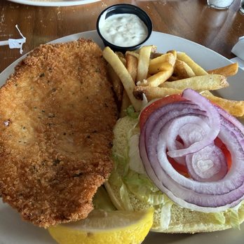 On The Deck Restaurant and Bar - Fried Flounder Sandwich- very big piece of flounder! Delicious. - Seafood Near Me - Atlantic Highlands, New Jersey